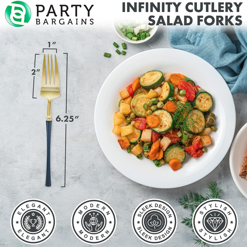 Party Bargains Disposable Plastic Navy Gold Salad Forks, Infinity Modern