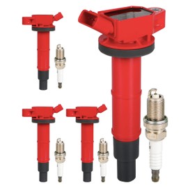 ATBIZZLE Ignition Coil Packs UF333 and Iridium Spark Plugs 7092 Fits for Toyota Camry Corolla RAV4 Solara Matrix Highlander Lexus HS250h Scion xB tC 2.0L 2.4L L4 2007 2008 2009 2010, Set of 4, Red