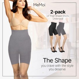 MeMoi 2-Pack High Waisted Shapewear for Women Tummy Control - Seamless Thigh & Body Shaper Shorts Underwear, Gray Heather-black, Large, Women