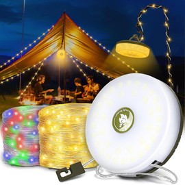 MYDEAR 8 Modos Lámpara Camping Linterna Recargable USB, 10M Ajustables Cadena de Luces para Exteriores Portátil Impermeable, Luz de Color y Blanca Cálida, para Fiestas, Camping, Decoración de Viajes