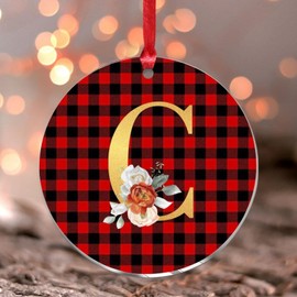 Monogram Gold Glitter Initial Letter C Xmas Ornament Flowers Pattern Blossom Roses Round Christmas Tree Ornament Keepsake Flowers Bouquet Wildflowers Acrylic Christmas Bauble for Holidays Home Decor