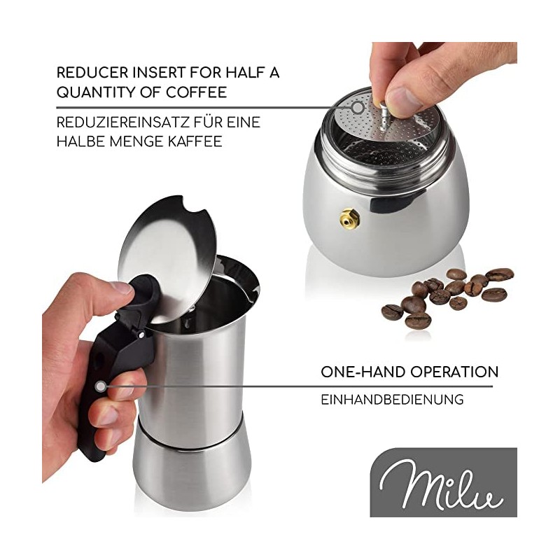 Milu Espresso Maker Suitable for Induction Hobs, 2/4/6 Cups, Stainless