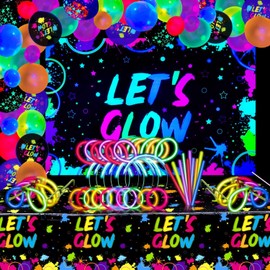 190 PCS Neon Glow Birthday Party Supplies - Let's Glow Backdrop Banner, Tablecloth, Glow in The Dark Balloons, Glow Sticks, Bracelet Connectors, Glasses, and Headband for Kid Neon Party Decorations