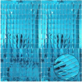 2 Pcs Blue Foil Fringe Square Curtain Backdrop - Blue Streamers Party Decorations, Sequin Square Curtain Photo Wall Backdrop Props for Under The Sea Birthday Ocean Beach Party Decor, 3.3 x 6.6 Ft