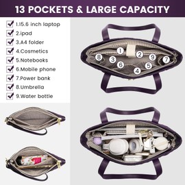 LOVEVOOK Laptop Bag for Women 17 inch,Diamond Quilted Work Tote Bags Womens Laptop Tote Bag Computer Shoulder Bags,Stylish Travel Tote Bags Laptop Purse Case Briefcase Handbag with Clutch Purse,Purple