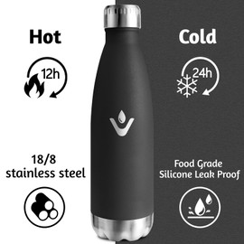 HoneyHolly Stainless Steel Water Bottle, 750 ml, 18/8 Stainless Steel, Thermos Flask, BPA-Free, Sports Water Bottle, Double-Walled Vacuum Insulated, Bottle for Outdoor, Camping, Picnic, Black