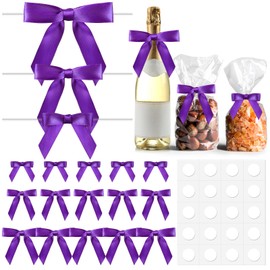 Wavwavw 100 Pcs Satin Ribbon Twist Tie Bow, 1.5"/2.5"/3.5" Mini Pre-Tied Twist Tie Bows Craft Bows for Gift Wrapping Treat Bags Crafts Wedding Graduation Birthday Party Baby Shower Decorations(Purple)