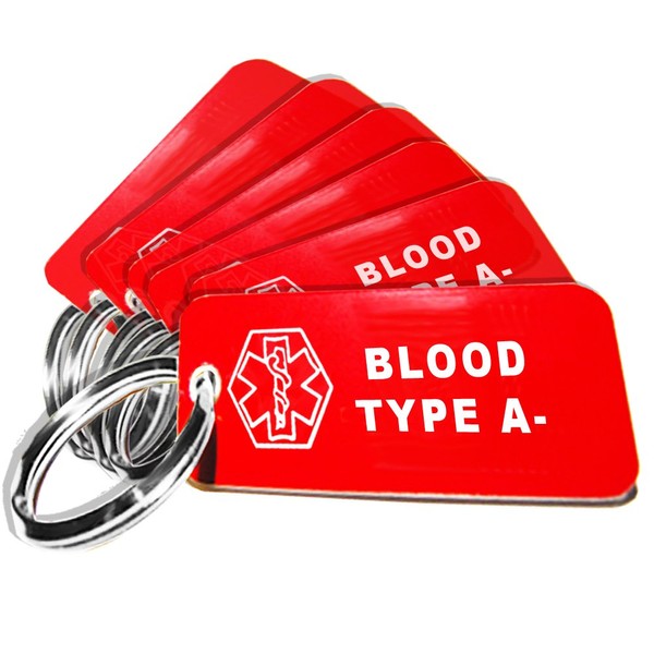 My Identity Doctor - 6 Pre-Engraved Blood Type A- Plastic Medical Alert ID Keychains, Small 2.25 x .79 Inch