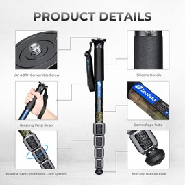 Camera Monopod Carbon Fiber Portable Compact Lightweight Travel Monopod with Wrist Strap, Silicone Handle, Twist Locks, 5-Section up to 165cm, Max Load 15kg，Camo(MPQ-325C)