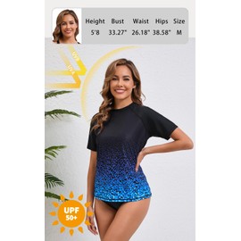 Halcurt UV Shirt Women's Short-Sleeved Rash Guard UPF 50+ Swimming Shirt Quick-Drying Swimming Shirt S-XXL, Ombre Black Blue