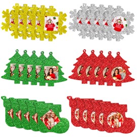 Jetec 30 Pcs Christmas Photo Ornament Frame Xmas Picture Frame Ornament Mini Felt Glitter Hanging Photo Frame Small Holiday Family Picture Frame (Red, Green, White, Stocking Snowflake Tree)