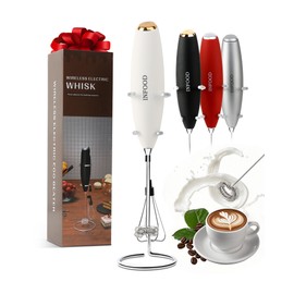 INFOOD Powerful Milk Frother Wand with Stainless Steel Stand and 2 Whisks, Mini Handheld Frother Battery Operated Drink Mixer for Coffee, Lattes, Cappuccino, Hot Chocolate & Egg - White Gold