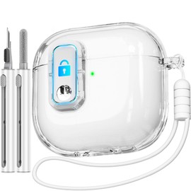 (with Safety Lock) Compatible with AirPods 4 Case with Cleaner Kit,Clear Soft TPU Transparent AirPods 4th Generation Case,Full Protection Cover with Lanyard for AirPods 4 Gen (2024) (USB-C)-White