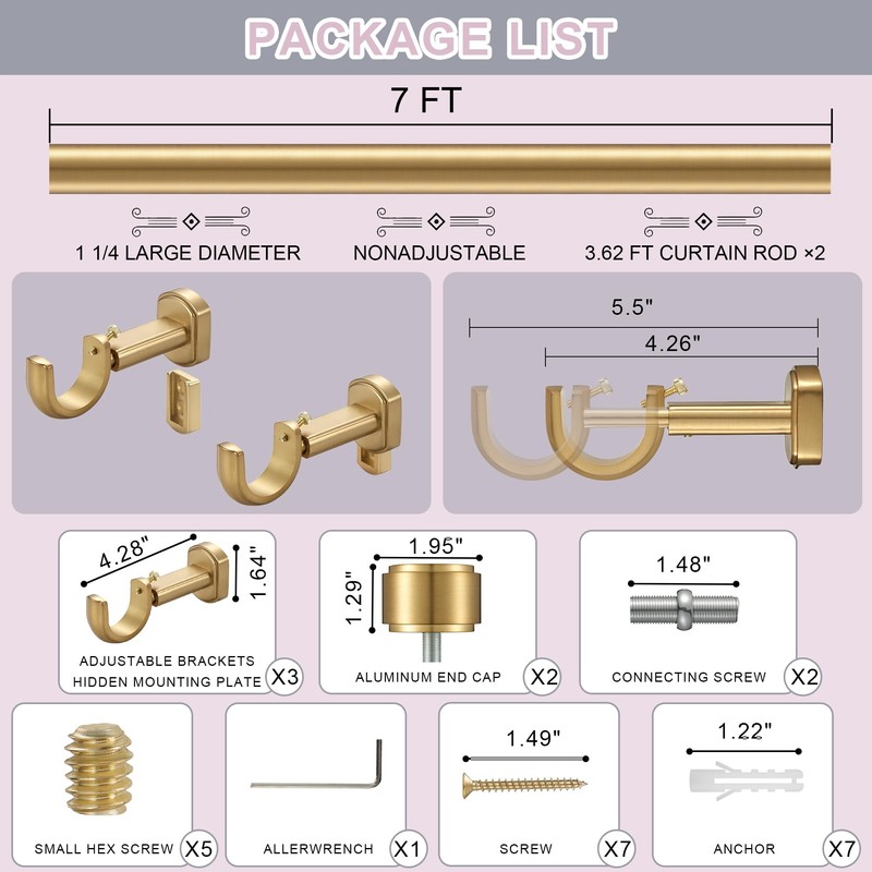 Lwiiom Heavy Duty Curtain Rods,1 1/4" Large Diameter Premium Nonadjustable