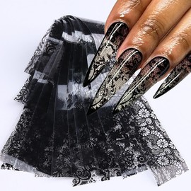 10Sheets Retro Holographic Nail Foil Transfer Stickers Black Lace Laser Foils Transfers Starry Paper Designs Nail Art Supplies for Acrylic Nails Decorations DIY Manicure Tip Wraps Charms Accessories