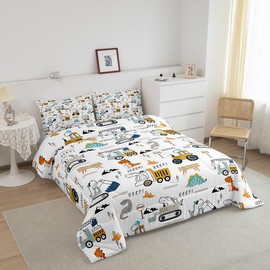 Construction Bedding Set Full Size Equipment Trucks Comforter Set for Kids Boys Girls Decor Dinosaur Comforter 3D Digital Print Yellow Duvet Set Bedroom Quilt Set