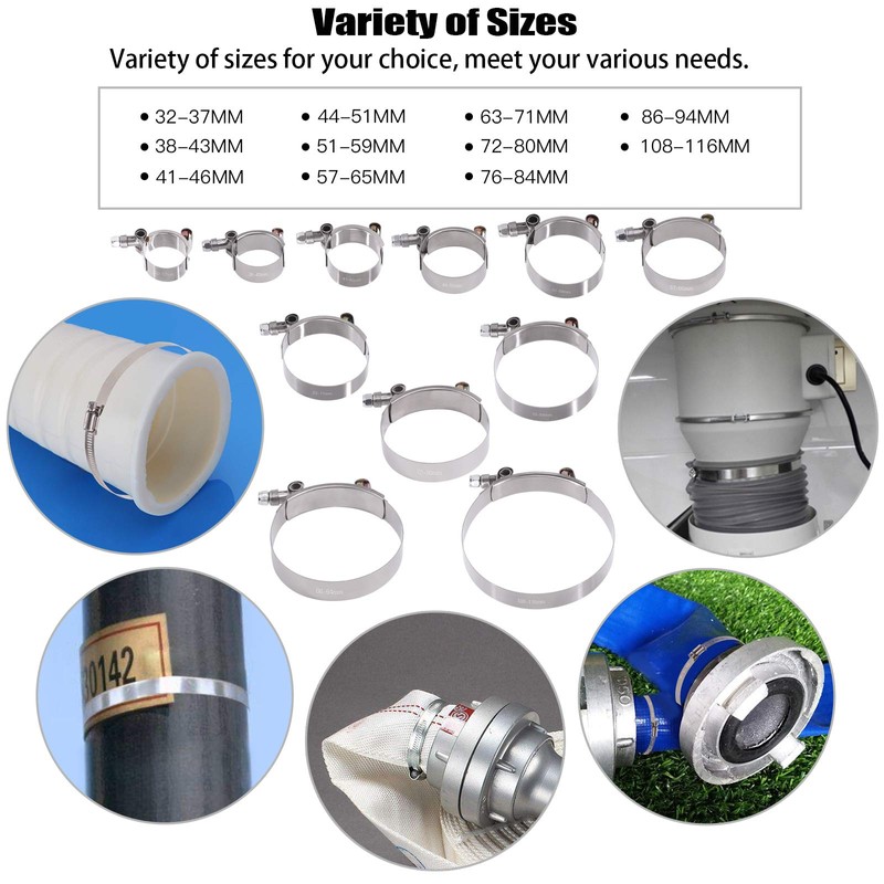 Glarks 8Pcs 32-37mm Stainless Steel T-Bolt Hose Clamps Turbo Intake