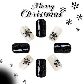 Christmas Press on Nails Medium Square Fake Nails with Glitter Snowflake Designs Black Acrylic Nails Glossy Glue on Nails Winter False Nails Christmas Stick on Nails for Women 24Pcs