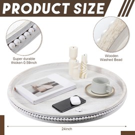 Tiangrid 24 Inch Extra Large Round Wooden Ottoman Table Tray White Washed Beaded Wood Serving Tray Rustic Decorative Tray Table Centerpiece White Tray Decor for Living Room Kitchen Counter