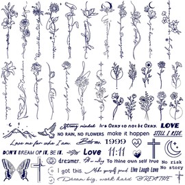 CHARLNET Semi-Permanent Tattoos for Adult - 2 Weeks Long Last Small Flower Words Tattoos for Women Men Hand Neck Body/Fades Naturally/No Reflection/Waterproof/Realistic, Minimal Line Art