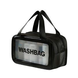 Large Clear Wash Bag, Dry Wet Segregation Toiletry Bag with Mesh Portable Makeup Bag PVC Waterproof Cosmetic Bag for Women (Medium-Black)