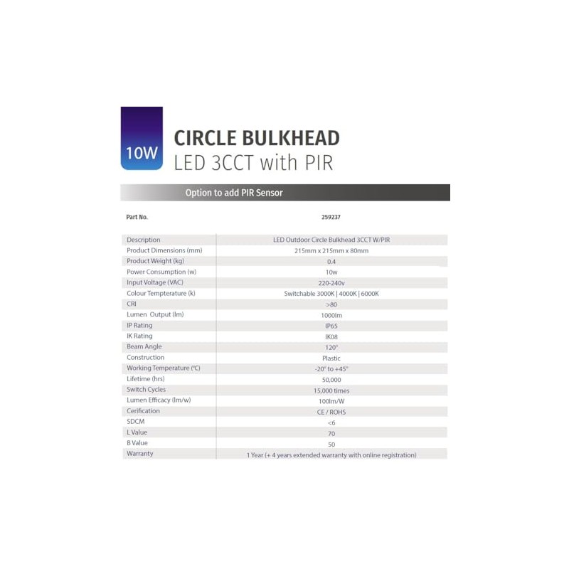 Bright Source Outdoor 10w LED Black Circle Bulkhead Black, IP44,