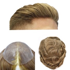 Mens Toupee Poly Skin Hair System For Men Hair Pieces Toupee For Men Real Human Hair Men Hair Replacement System Natural 8x10-120%medium light to medium density#2020 20# LIGHT ASH BLONDE+20%GRYE