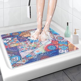 Square Shower Mat, Non Slip Bath Mat for Showers, Loofah Shower Stall Mats for Walk-in Shower, 24 x 24 Inches Shower Floor Mat with Drain, Anti Slip Bath Mats for Bathroom, Tub, Seniors