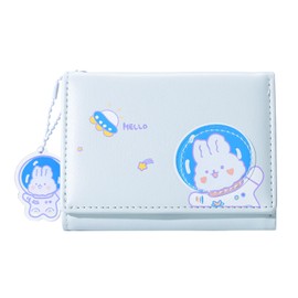 Sunwel Fashion Girls Cute Astronaut Bear Bunny Print Tri-folded Wallet Small Wallet with Pendant Card Holder ID Window for Women (LIGHTBLUE)