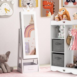 CHARMAID Kids Mirror Jewelry Cabinet - 45.5'' Standing Jewelry Armoire with Full Length Mirror, Storage Drawer and Back Shelf, Kids Jewelry Organizer Box Vanity Dressing Mirror for Girls (White)