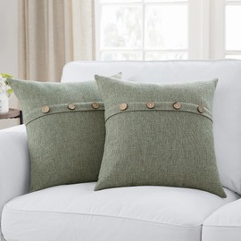 Meekio Set of 2 Dark Sage Square Pillow Covers 20 x 20 Farmhouse Pillow Covers with Coconut Buttons for Sofa Couch Living Room Bedroom