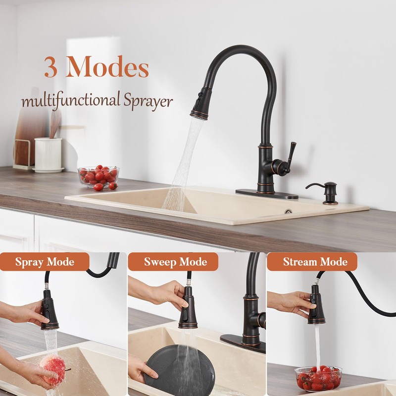 WINKEAR Brass Kitchen Faucet with Pull Down Sprayer, 3 Sprayer