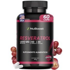 NUBOOST Resveratrol 1600 mg con Vitamina C, Acai y Pimienta Negra – Suplemento Alimenticio Antioxidante con Extracto 95% Trans Resveratrol – 60 Cápsul