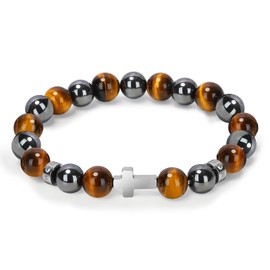 M SHUYUN Men's Cross Bracelet, Christian Bead Bracelet for Men, 10mm Faith-Inspired Natural Stone, Perfect for Anniversary, Graduation, Christmas (Tiger Eye & Hematite)
