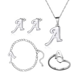 4 Pack Stainless Steel Initial A Necklace for Women Letter Rings Link Chain Bracelet Alphabet Earrings Studs Silver Jewelry Set (A)
