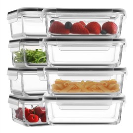 HOMBERKING 16pc Glass Meal Prep Containers with Lids, Glass Food Storage Containers with Leak Proof Snap Lock Lids, Airtight Bento Lunch Boxes, Kitchen Storage (8 lids & 8 Containers) - Black
