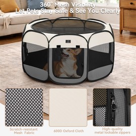 Dog Playpen for Small Dogs & Puppies, 50.39" Portable Indoor Outdoor Puppy Playpen with Bowl, Waterproof Floor, Foldable Pop-Up Pet Pen for Home, Travel & Daily Use, Grey+Beige