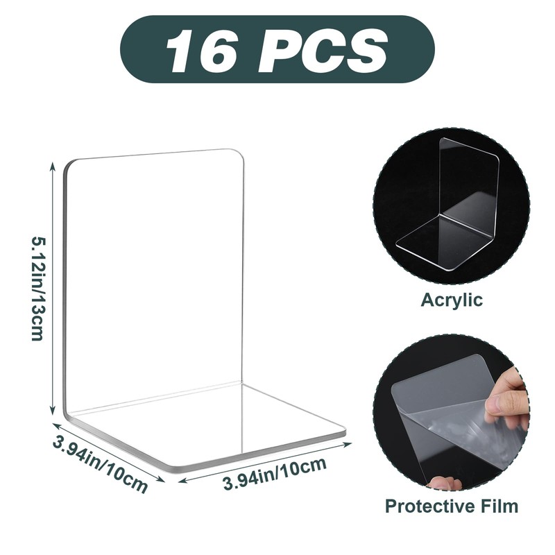 16Pcs Bookends, Clear Acrylic Bookends for Shelves, Non-Slip Book Holder