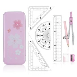 Maths Set | Compass Maths Protractor and Compass Set | Triangle Ruler Protractor Rubber Pen Geometry Sets with Storage Tin | Maths Sets for Secondary School (8Pcs Pink)