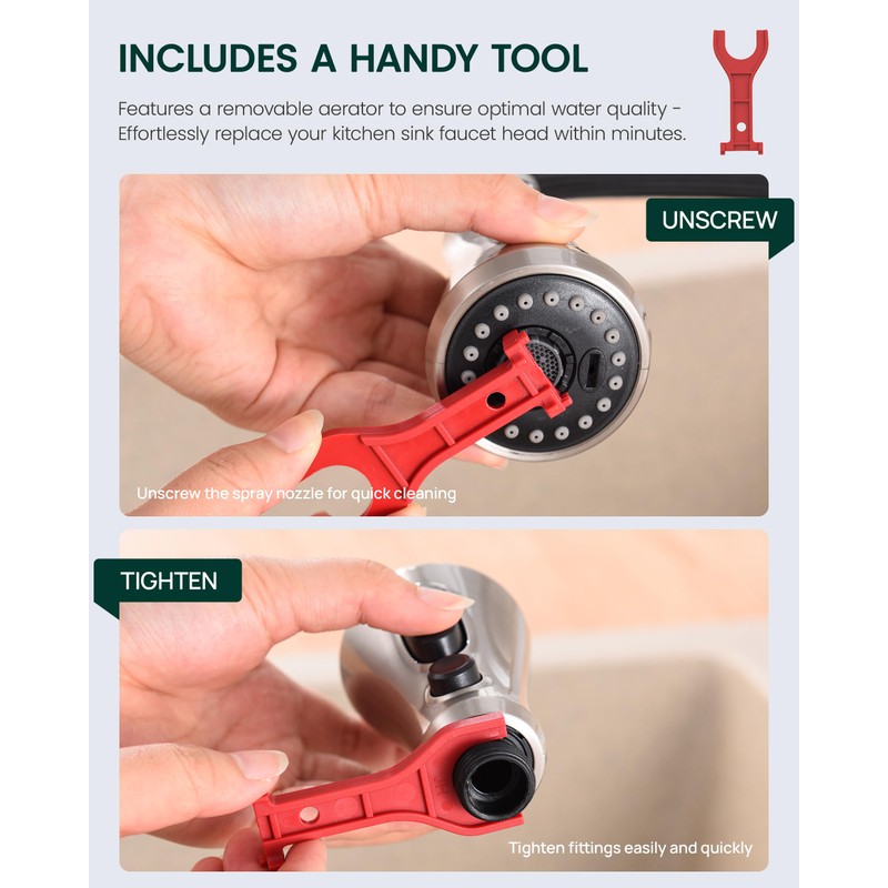 HEISOK Kitchen Faucet Head Replacement, 3-Function Pull Down Faucet Spray