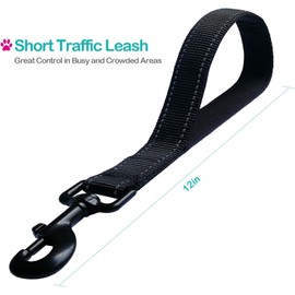 Short Nylon Dog Lead - Heavy Duty Padded Handle - Reflective Black, 12 Inch for Large & Medium Dogs