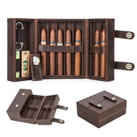 Contacts Cigar Case for 7 Full Grain Leather Travel Cigar Humidor 7 Cigars Accessories Organizer for Cigar Cutter Lighter Built-in Hygrometer Humidifier