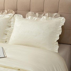 Pillow Shams Set of 2 Classic Rose Pattern Damask Textured Fabrics Decorative Pillow Cases Retro Ruffle Flounces Trim for Home Bedroom Decor Pillow Covers Ivory, King 20x36 Inch