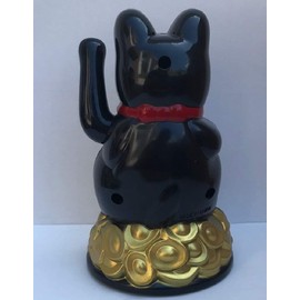 MONKEY KING Battery Powered Japanes Lucky Beckoning Waving Wealth Cat Kitty Maneki Neko 4.5" Tall Black NO Battery Cover INCLUDED