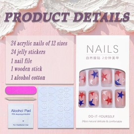4th of July Press on Nails Short Square Fake Nails Nude Full Cover Red Blue Star False Nails with Designs Glossy Glue on Nails Acrylic Nails America Flag Artificial Nails for Women Girls 24Pcs