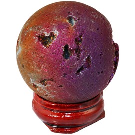 Shanxing 40mm Titanium Coated Natural Agate Geode Crystal Sphere Ball Specimen with Wooden Stand, Purple Druzy Quartz Stone Sphere Gift Ornament for Room Office Decor Good Luck Chakra Meditation