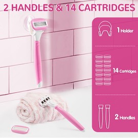 Razors for Women Include 2 Non-Slip Handles and 14 Razor Refills, 5 Premium Blades Women's Razors for Shaving with a Shower Holder, Disposable Razor with 360° Lubrication Reduces Irritation, Pink