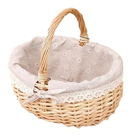 Wicker Picnic Basket, Natural Wicker Basket with Handle, Handy Wicker Shopping Basket, Picnic Basket, Cotton Fabric Cover, Picnic Basket, for Outdoor Picnic Camping, 25.5 x 21 x 13 cm