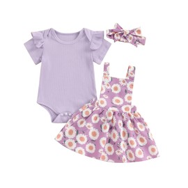 ZZLBUF Newborn Infant Baby Girl Summer Outfits Ruffle Short Sleeve Romper Floral Suspender Skirt Headband Clothes Set (Romper, Daisy Purple, 18-24 Months)