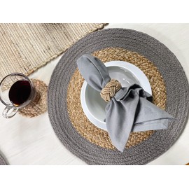 Chardin home Round Verona Woven Jute & Cotton Braided PLACEMAT (Set of 4), Size -15” Round, Color - Natural Jute with Grey Border